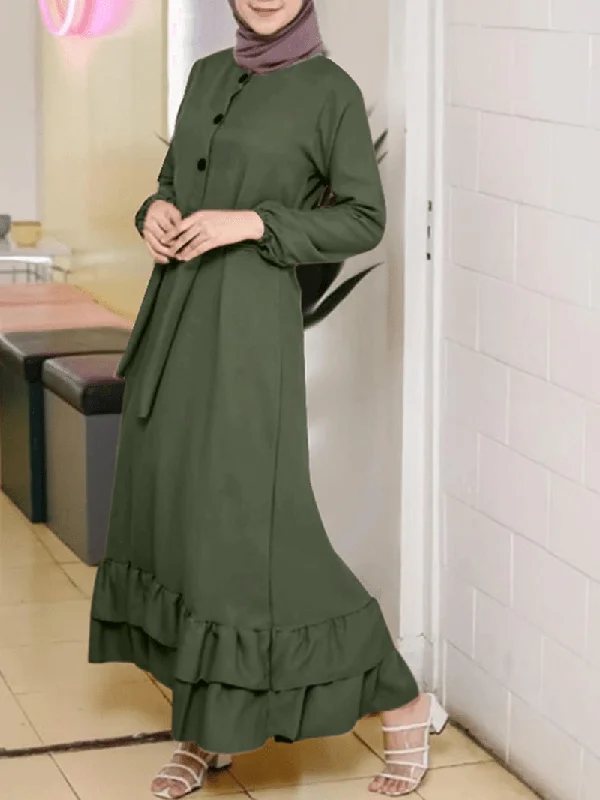 Free And Comfortable Women Long Sleeve Solid Ruffles Hem Abaya Kaftan Pleats Button Midi Dresses