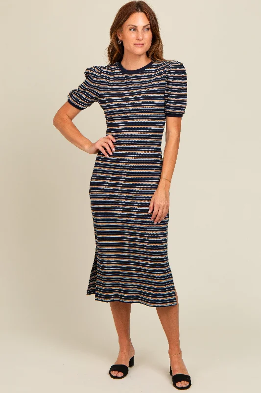 Fashionable Items Navy Multi Striped Puff Sleeve Midi Dress