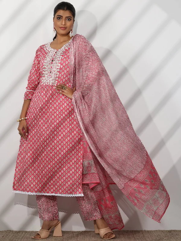 Youthful Vitality Pink Printed Cotton Straight Suit With Dupatta