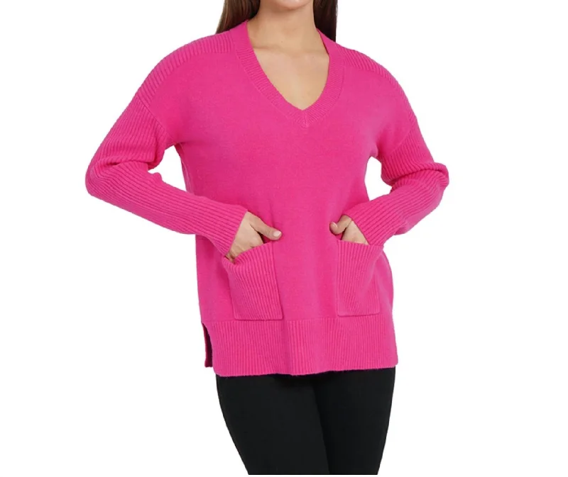 Romantic Temperament Patch Pocket Tunic Sweater In Hot Pink