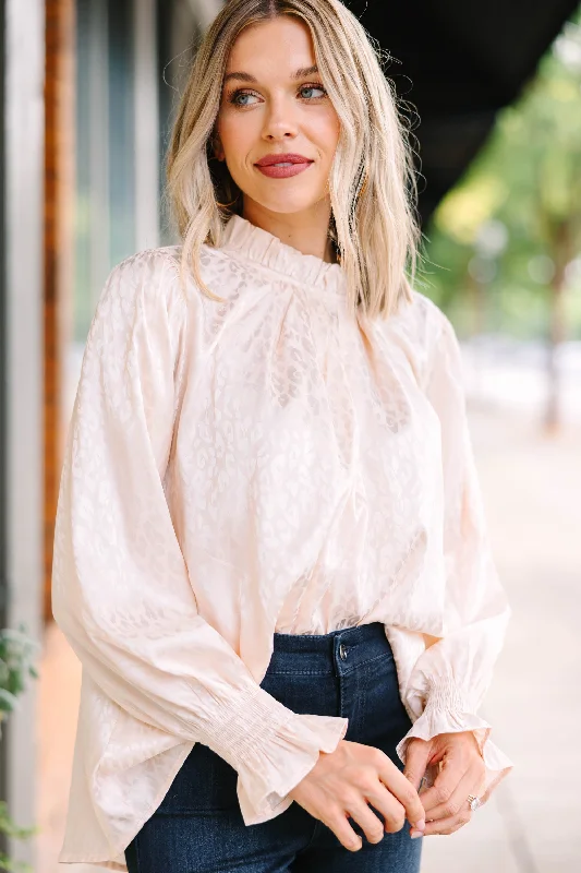 Cozy Fit It's A Joy Champagne White Satin Leopard Blouse