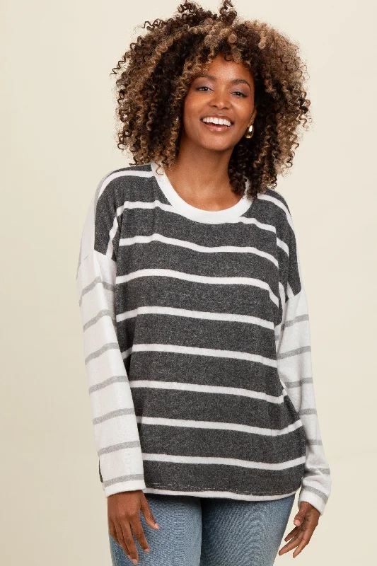 European Plan Charcoal Striped Colorblock Sleeve Top