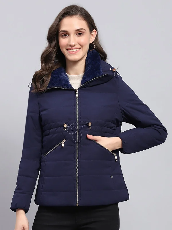 High-end Wear Women Navy Blue Solid Hooded Full Sleeve Jacket