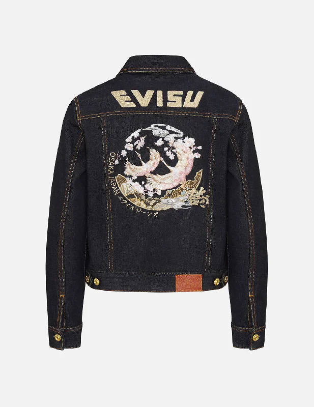 Classic Style Crane Graphic Embroidered Denim Jacket