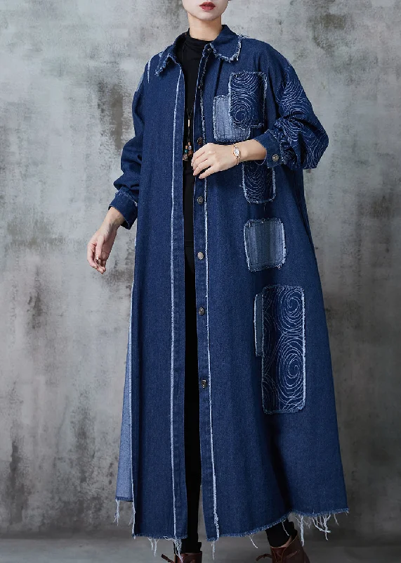 American Style Navy Patchwork Applique Denim Trench Oversized Spring