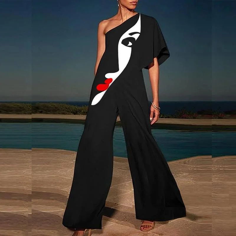 Body Design New Summer Fashion Face Print One Shoulder Jumpsuits