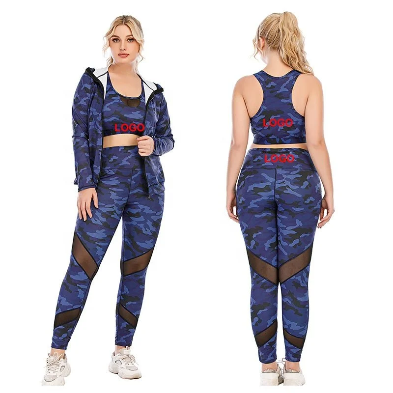 Comfortable Mind Blue Camouflage Yoga Sets 3XL Women's Sportswear Plus Size 3pcs Yoga Suit Legging Fitness Sports Bra Jacket Fall Yoga Set 20set