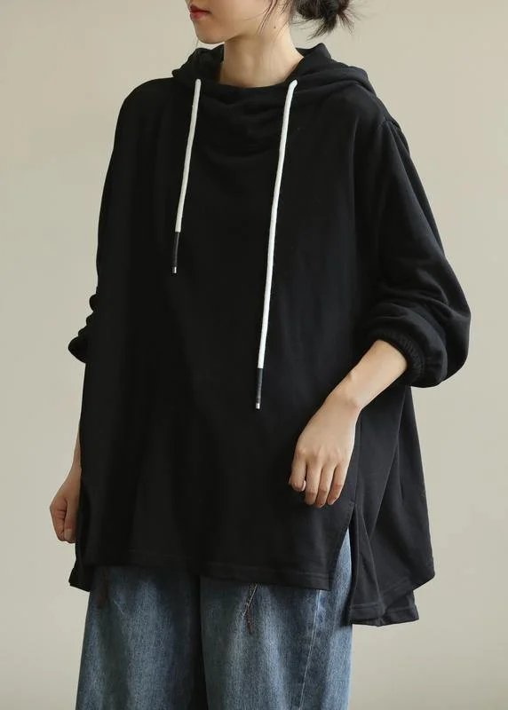 Fashionable Prints Modern hooded drawstring tunic top Cotton black shirt