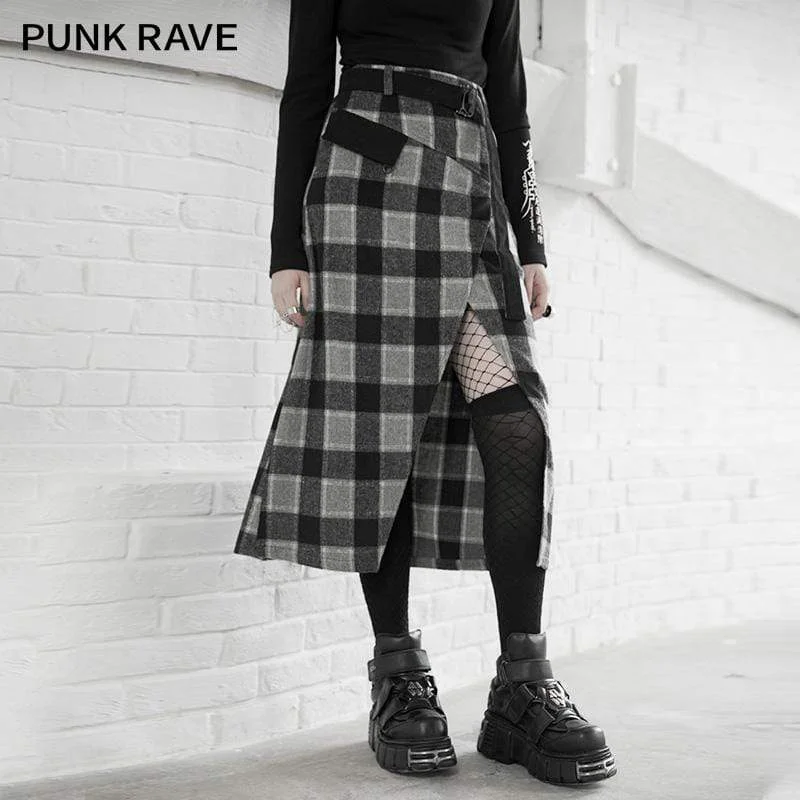 Free And Comfortable Women's Gothic High-waisted Plaid Slit Long Skirts