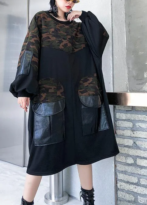 Casual Chic Modern black patchwork camouflage cotton Blouse pockets oversized blouses