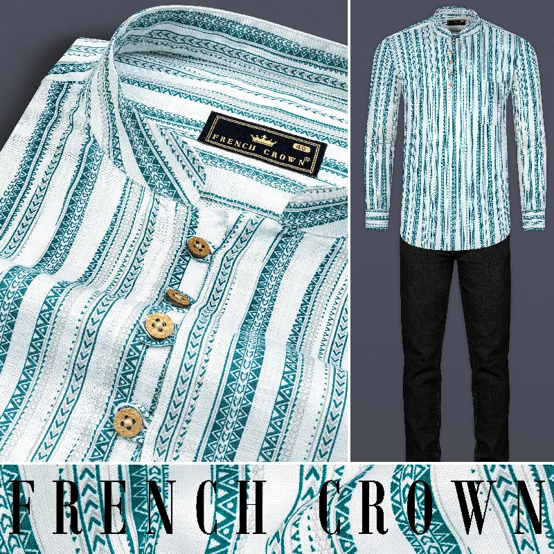 High-end Customization Bright White with green African art-inspired Stripes Luxurious Linen Kurta Shirt