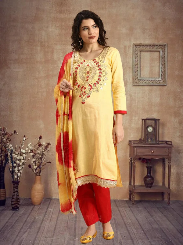 Personalized Outfit Women's Yellow Glass Cotton Embroidered Kurta With Trouser & Dupatta - Aastha Fashion