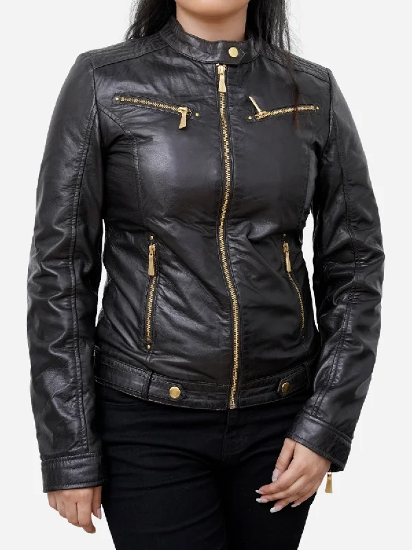 Fashion Must-have Maya Black Sheepskin Classic Moto Leather Jacket