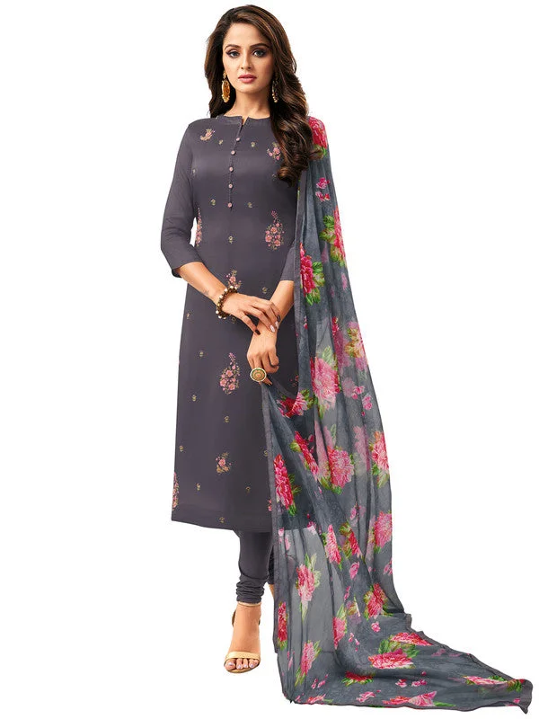 Minimal Style Women's Dark Grey Chanderi Silk Embroidered Kurta With Trouser & Dupatta  (Semistitched (SKD) ) - Aastha Fashion