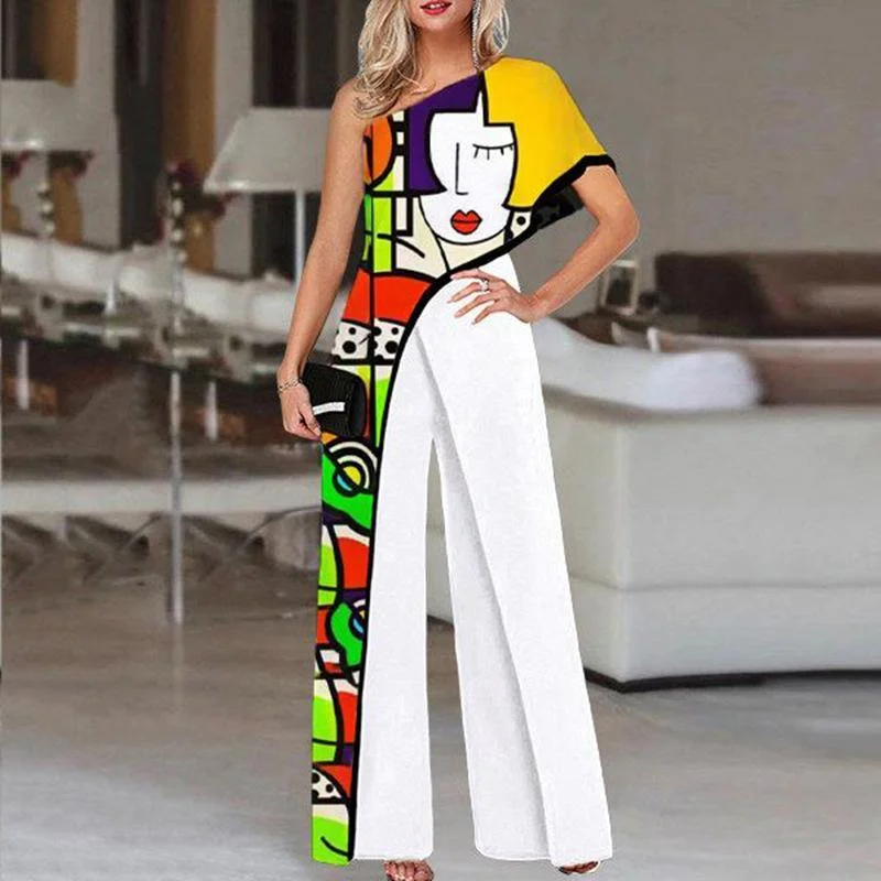 Comfortable Wear One Shoulder Graffiti High Waist Jumpsuits