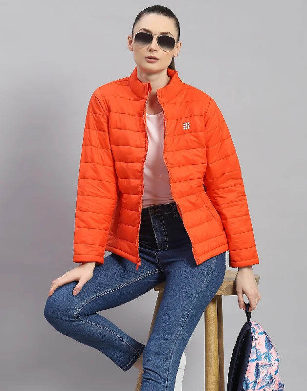 Free Design Women Orange Solid Stand Collar Full Sleeve Jacket