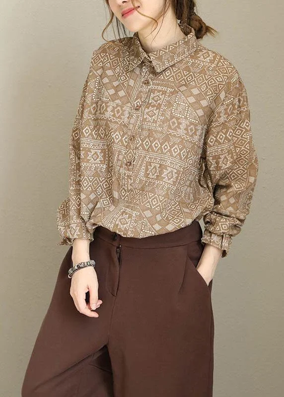 Modernism Modern khaki prints cotton linen crane tops Tutorials lapel collar long sleeve tops