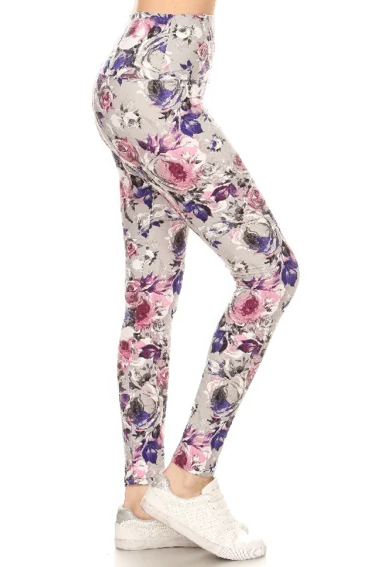 Exquisite Craftsmanship 5-inch Long Yoga Style Banded Lined Floral Printed Knit Legging With High Waist