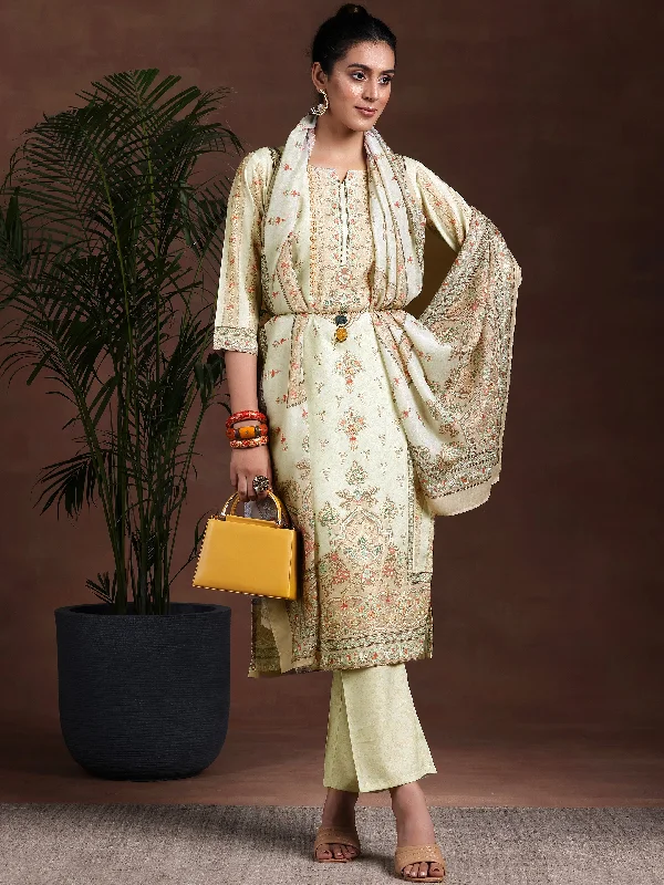 Fashion Expert Beige Printed Poly Crepe Straight Suit With Dupatta