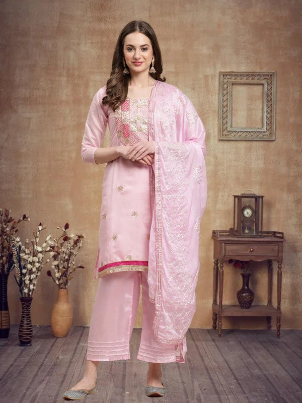 Breathable Design Women's Baby Pink Chanderi Silk Embroidered Kurta With Trouser & Dupatta - Aastha Fashion