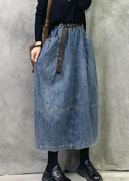 Minimal Style Blue Elastic Waist Patchwork Denim A Line Skirts Pockets