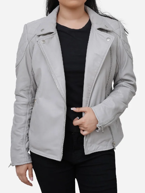 Classic Design Stella Quilted Grey Leather Biker Jacket