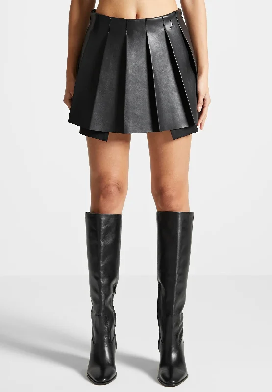 Luxury Fashion Leather Pleated Skort - Black