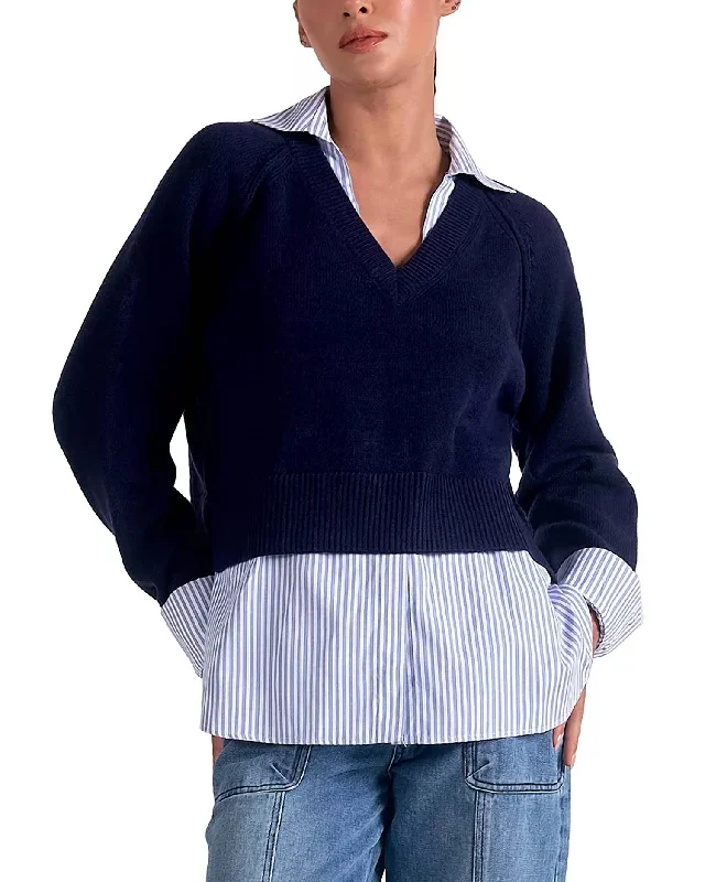 Luxury Customization Stevie Layered Sweater/striped Shirt Combo In Navy