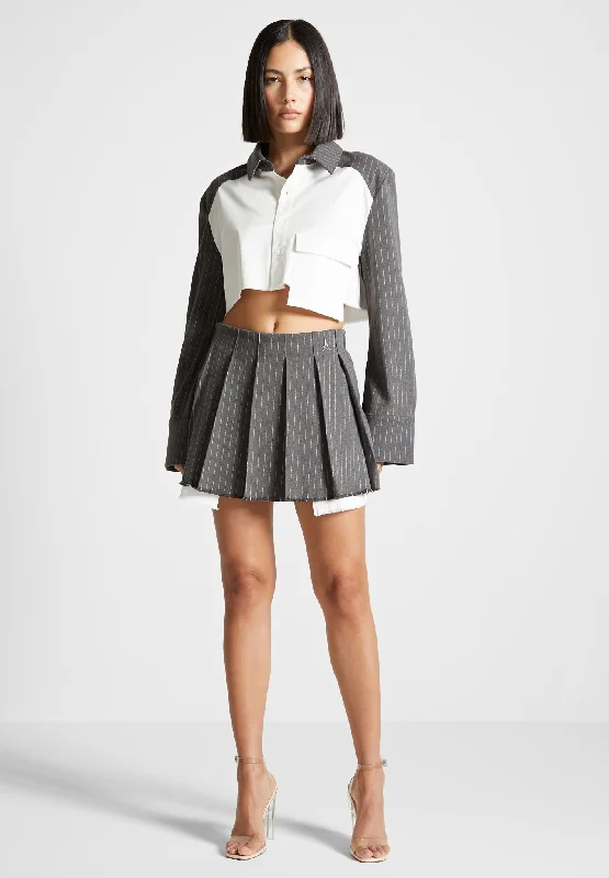 Celebrity Style Pinstripe Pleated Skort - Grey Pinstripe