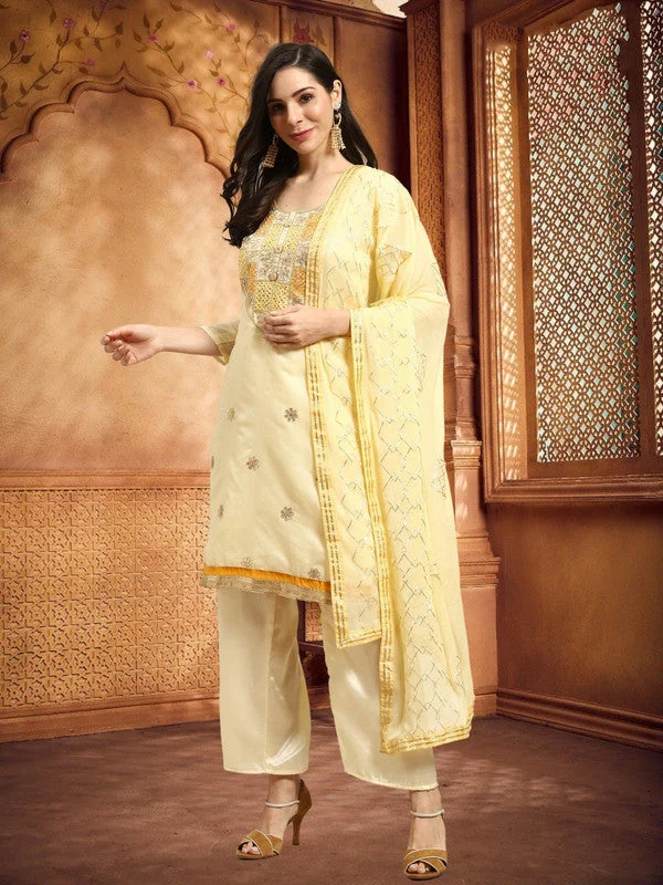 Sports And Leisure Women's Cream Chanderi Silk Embroidered Kurta With Trouser & Dupatta - Aastha Fashion