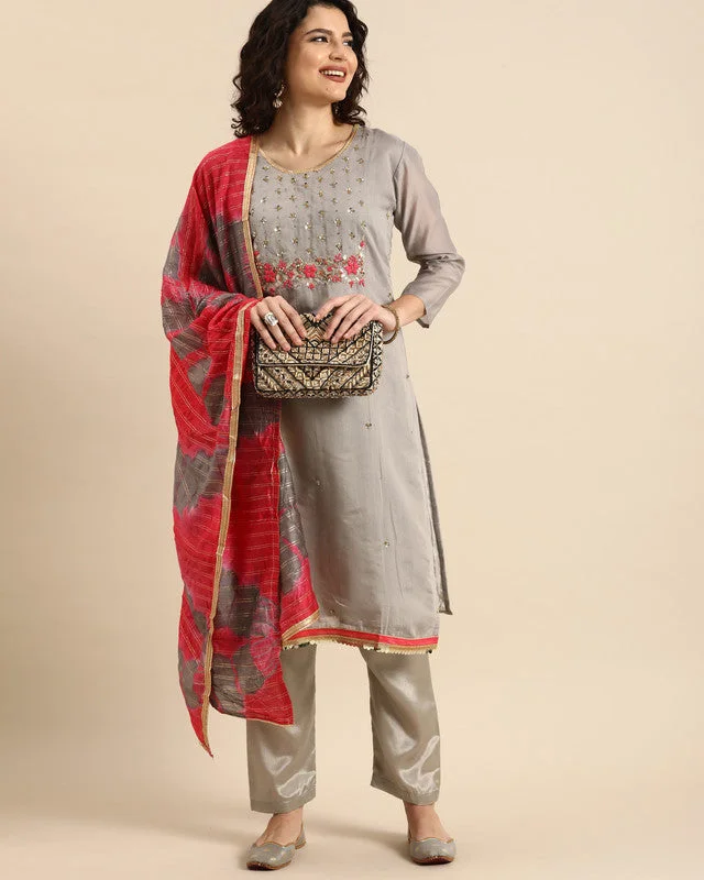 Exquisite Design Women's Grey Chanderi Silk Embroidered Kurta With Trouser & Dupatta - Aastha Fashion