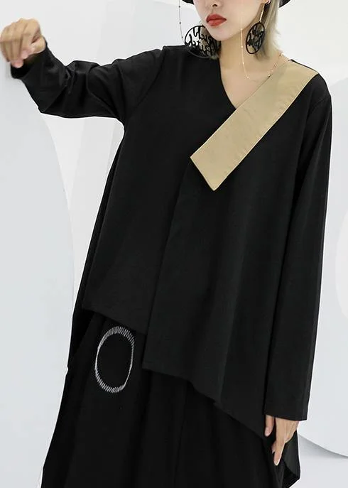 Advanced Design Modern black asymmetric cotton linen tops women v neck silhouette fall blouses