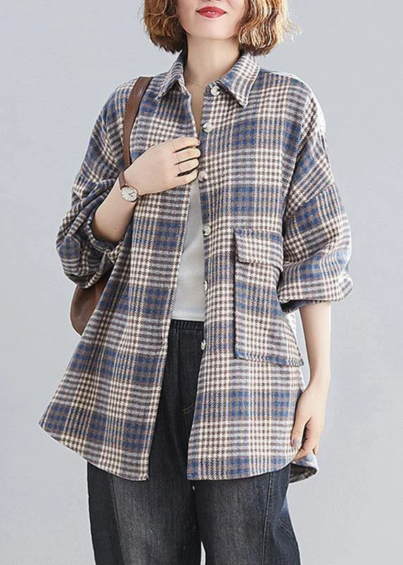 Fashion Concept Natural blue plaid linen Blouse Fashion Ideas lapel Batwing Sleeve tops