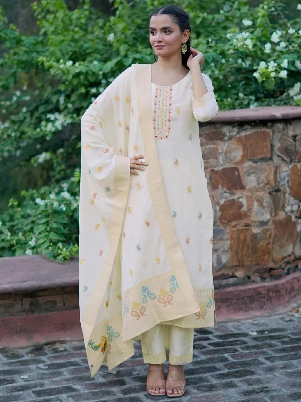 Fashionable In The Times Off White Woven Design Cotton Straight Suit With Dupatta