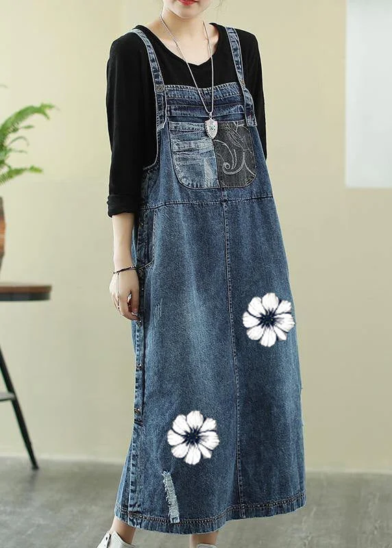 Basic Version Vivid denim blue-white flowers tunic dress Slash neck Hole Maxi Dress