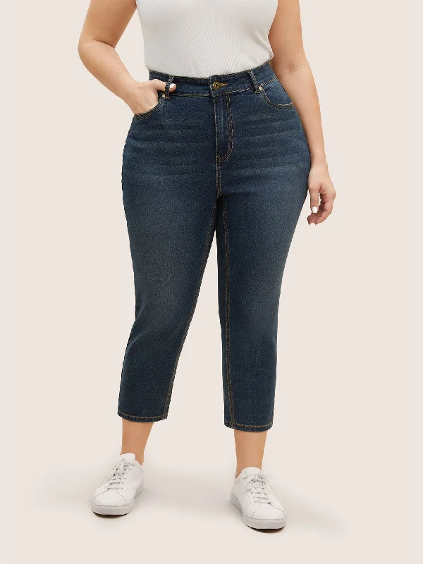 Celebrity Style Vintage Slanted Pocket Roll Hem Jeans