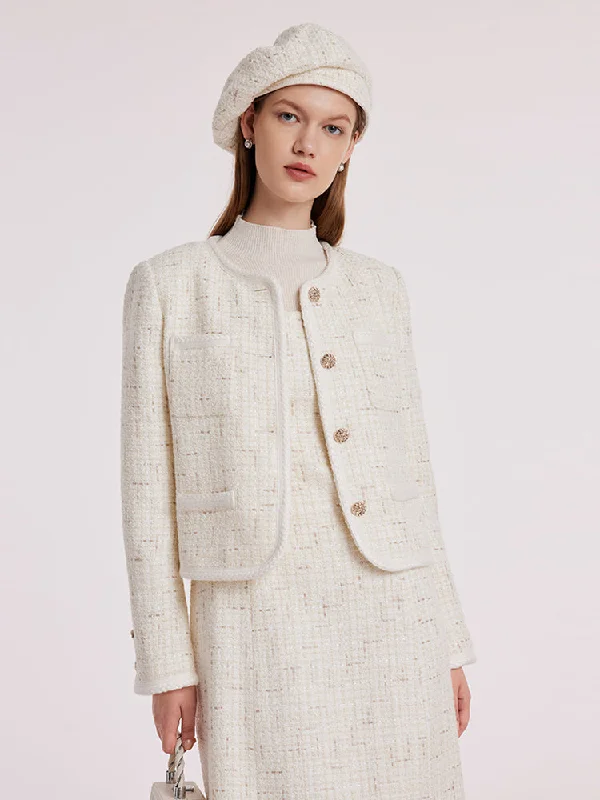 American Style White Knitted Tweed Crop Jacket