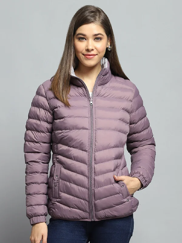 Advanced Design Women Purple Solid Mock Neck Full Sleeve Reversible Jacket