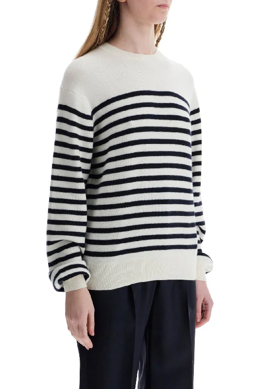 High Street Fashion Khaite White And Navy Blue Striped Merino Wool Sweater