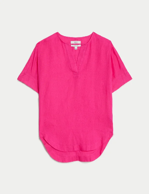 Free And Comfortable Pure Linen V-Neck Popover Blouse