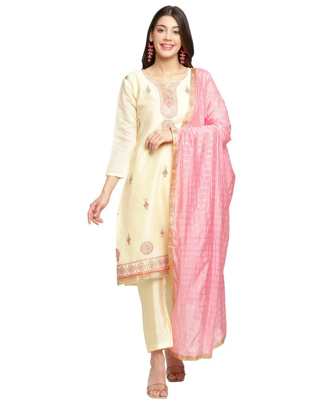 Comfortable Fashion Women's Cream Chanderi Silk Embroidered Kurta With Trouser & Dupatta - Aastha Fashion