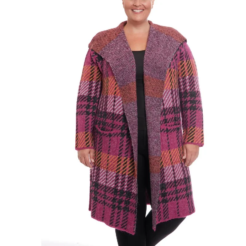 Tropical Style Plus Womens Open Front Plaid Duster Sweater