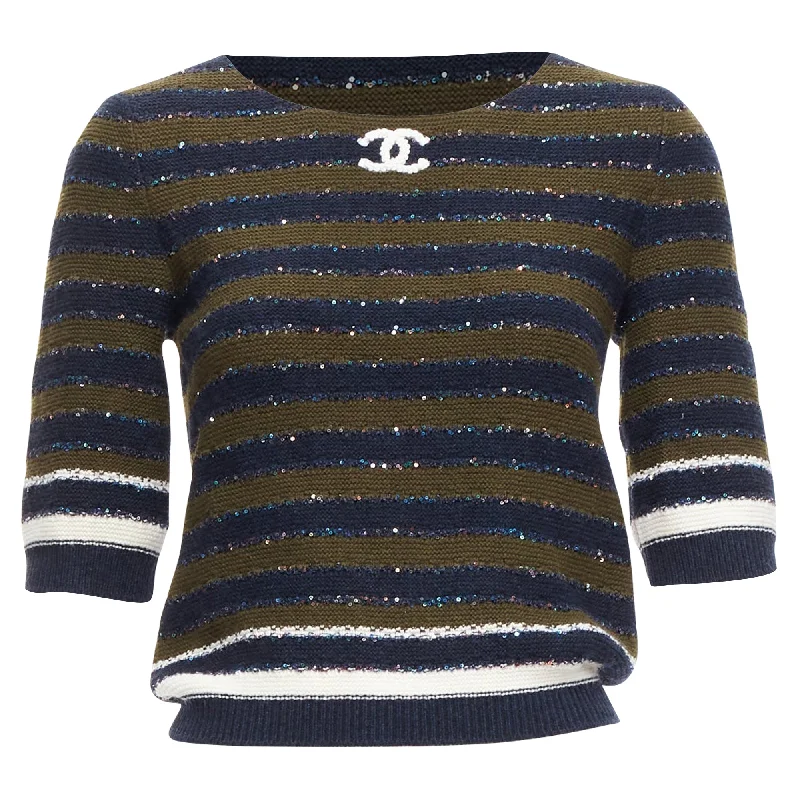 Personalized Series Chanel sequin cashmere blend cc logo stripe crop sweater