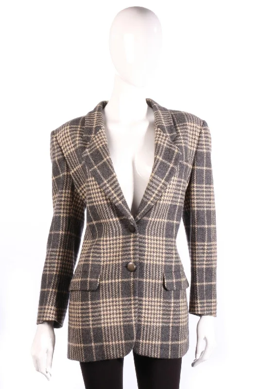 Luxury Classic Jaeger Single Breasted Jacket Wool Grey Check UK Size 12