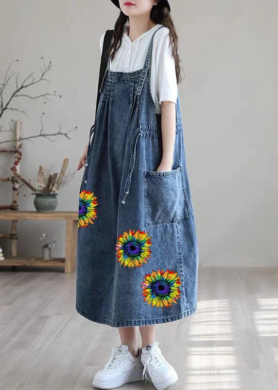 Luxury Fashion Plus Size Blue-sunflower drawstring pocket Spaghetti Strap Cotton denim Dress Spring