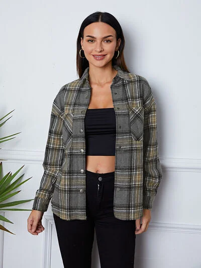 Advanced Design Plaid Snap Down Long Sleeve Shacket