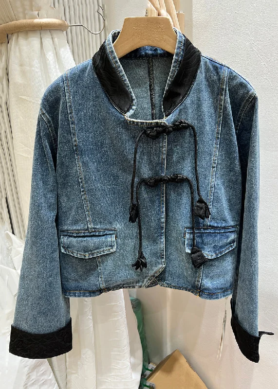 New Products Black Button Patchwork Denim Coats Stand Collar Long Sleeve