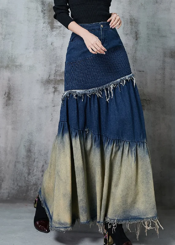 Unique Fashion French Navy Silm Fit Patchwork Gradient Color Denim Skirt Spring