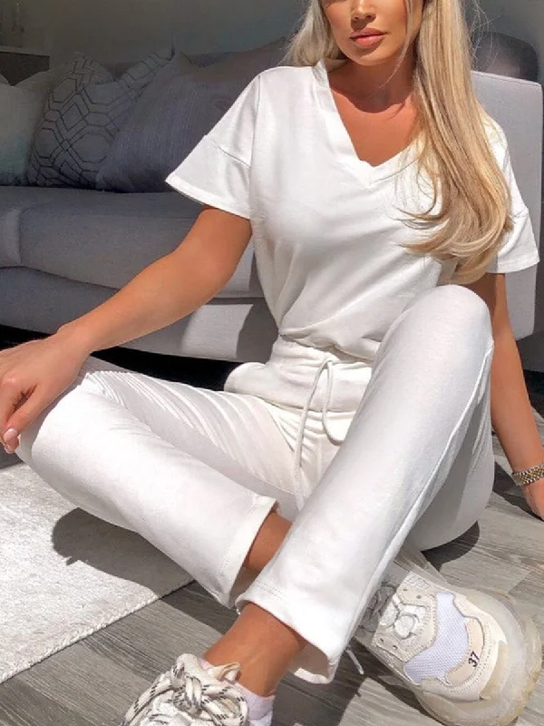 High Street Series Simple Casual V Neck Top Pants Set