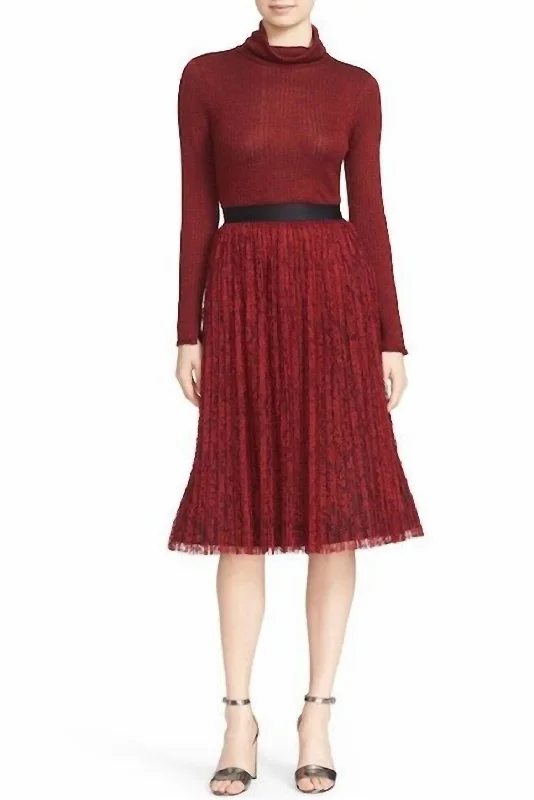 Comfortable Mind Mikaela Pleated Lace Midi Skirt In Burgundy Red